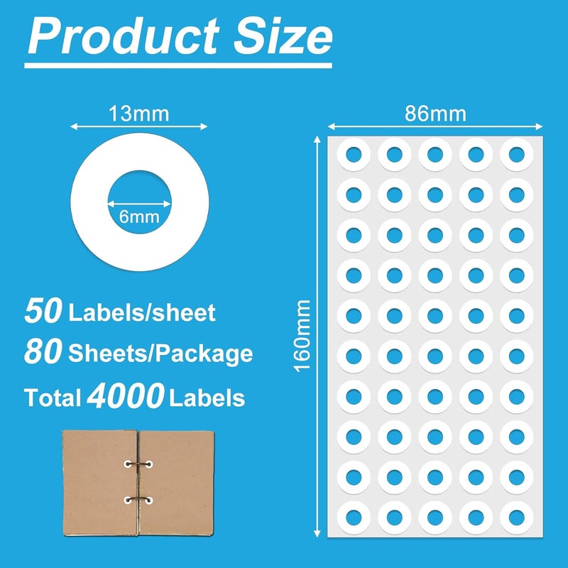 AZUREAL 4000 PCS Self-Adhesive Hole Reinforcement Stickers, 1/4" Diameter Hole Punch Reinforcement Stickers, Non-Printable Paper Hole Reinforcement Labels for Schools, Homes, and Offices - Image 2